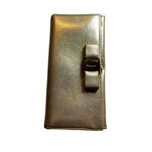 Authentic Salvatore Ferragamo Silver-y Golden Leather Long Wallet